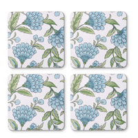 Thumbnail for Georgia Blue square hard coasters, set of four, in a blue floral print with sage green foliage on white