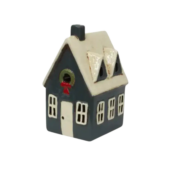 Tea Light Cottage with Wreath - Navy