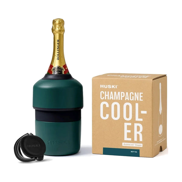 Huski Champagne Cooler in Deep Teal holding a bottle of champagne, with its BubbleLock stopper and kraft gift box | House of Dudley