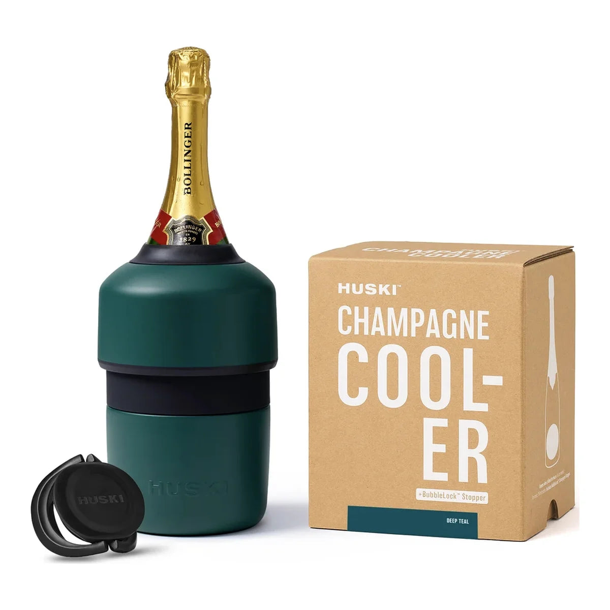Huski Champagne Cooler in Deep Teal holding a bottle of champagne, with its BubbleLock stopper and kraft gift box | House of Dudley