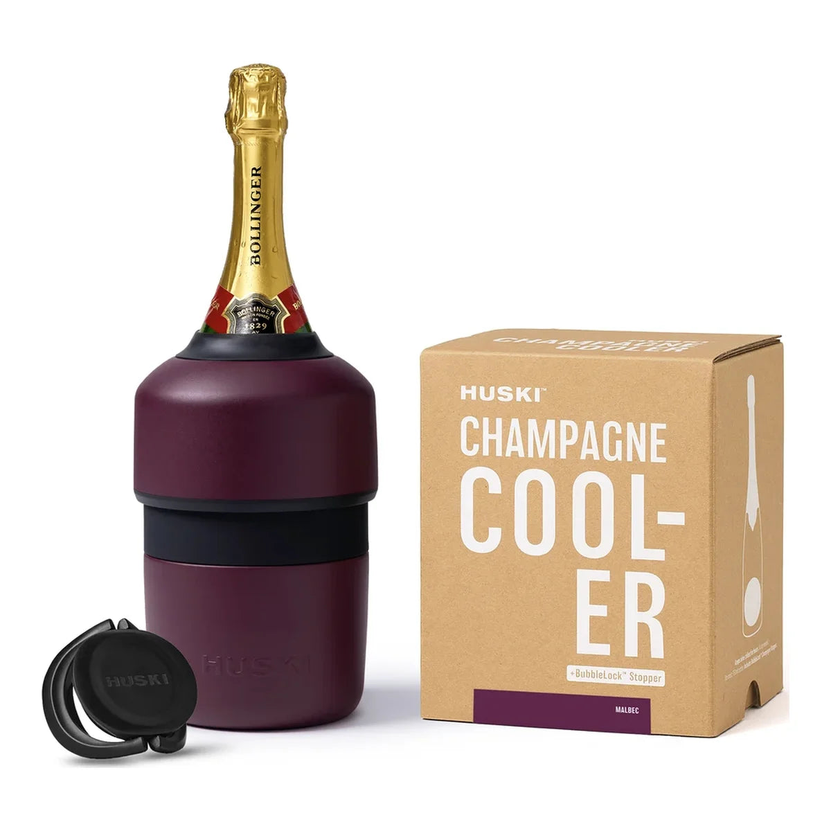 Huski Champagne Cooler in Malbec holding a bottle of champagne, with its BubbleLock stopper and kraft gift box | House of Dudley