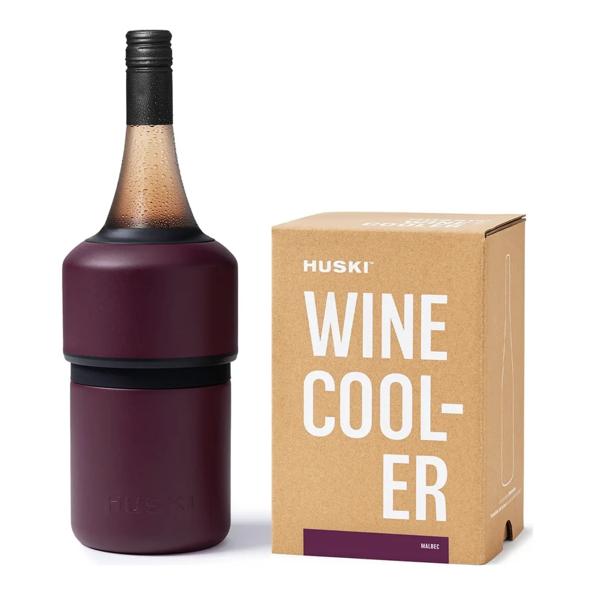 Huski Wine Cooler in Malbec, a plum-red insulated wine cooler holding a chilled bottle, beside its kraft gift box | House of Dudley