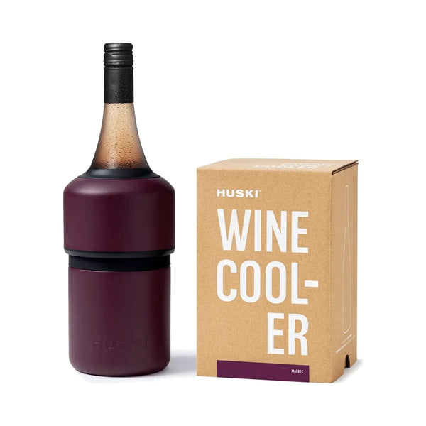 Huski Wine Cooler in Malbec, a plum-red insulated wine cooler holding a chilled bottle, beside its kraft gift box | House of Dudley