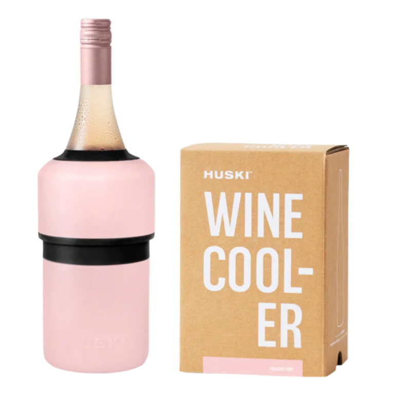 Pink wine bottle cooler with Huski packaging on a white background