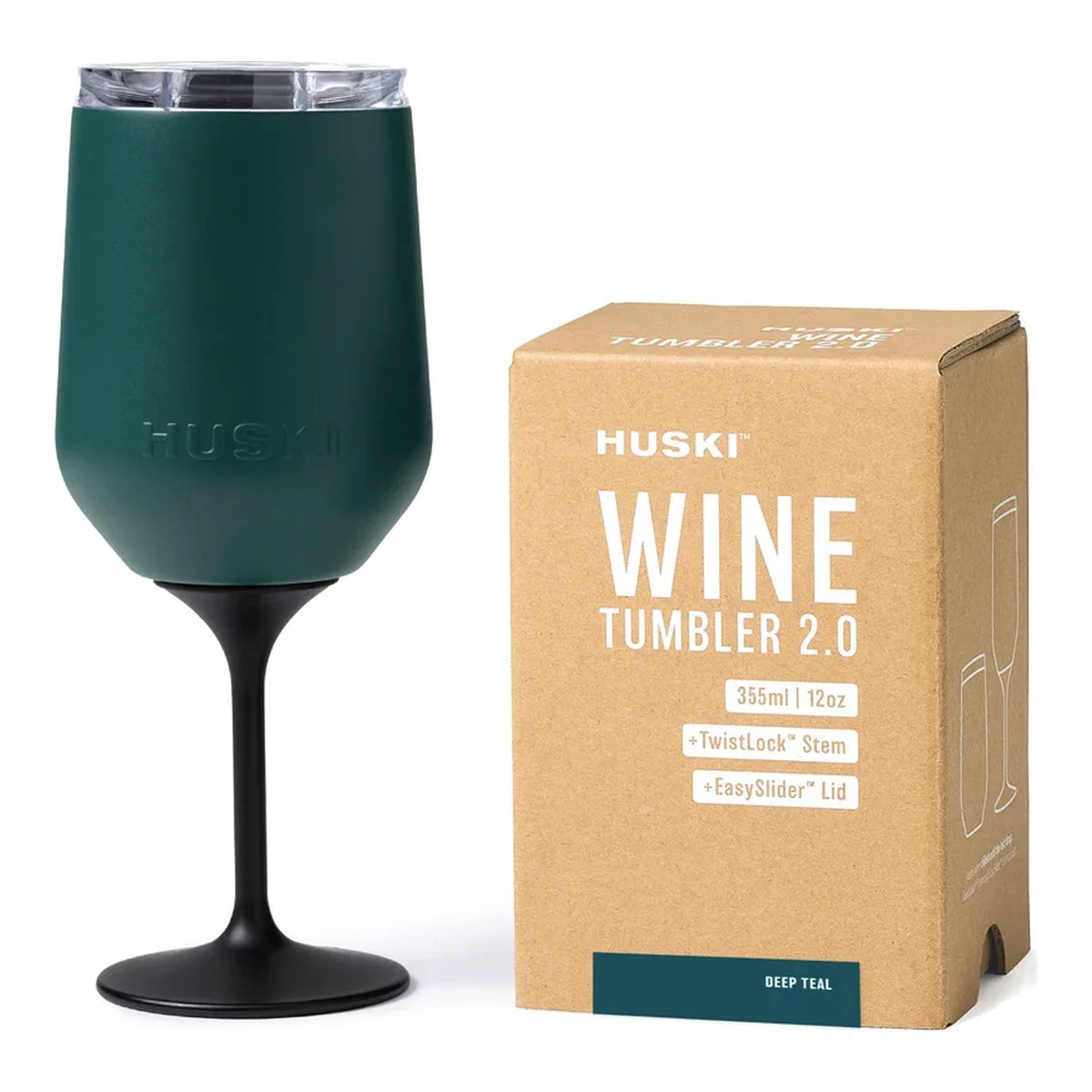 Huski Wine Tumbler 2.0 in Deep Teal with black TwistLock stem and clear lid, beside its kraft gift box | House of Dudley