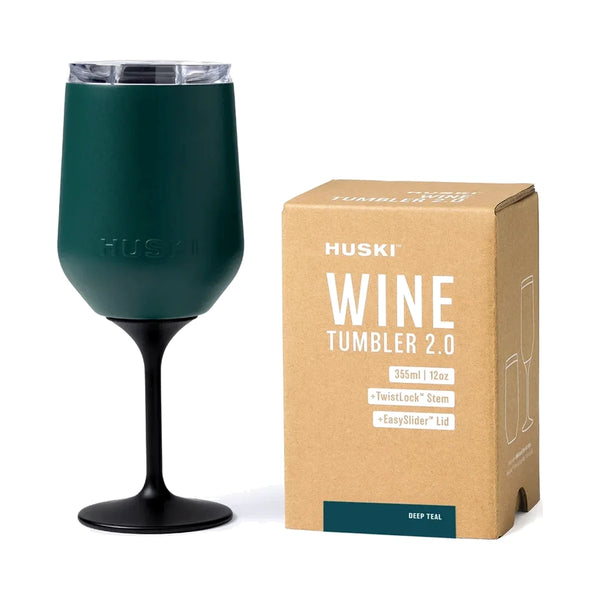 Huski Wine Tumbler 2.0 in Deep Teal with black TwistLock stem and clear lid, beside its kraft gift box | House of Dudley