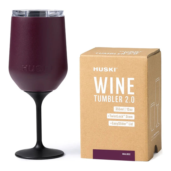 Huski Wine Tumbler 2.0 in Malbec with black TwistLock stem and clear lid, beside its kraft gift box | House of Dudley