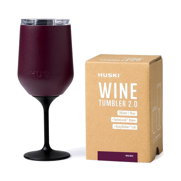 Huski Wine Tumbler 2.0 in Malbec with black TwistLock stem and clear lid, beside its kraft gift box | House of Dudley
