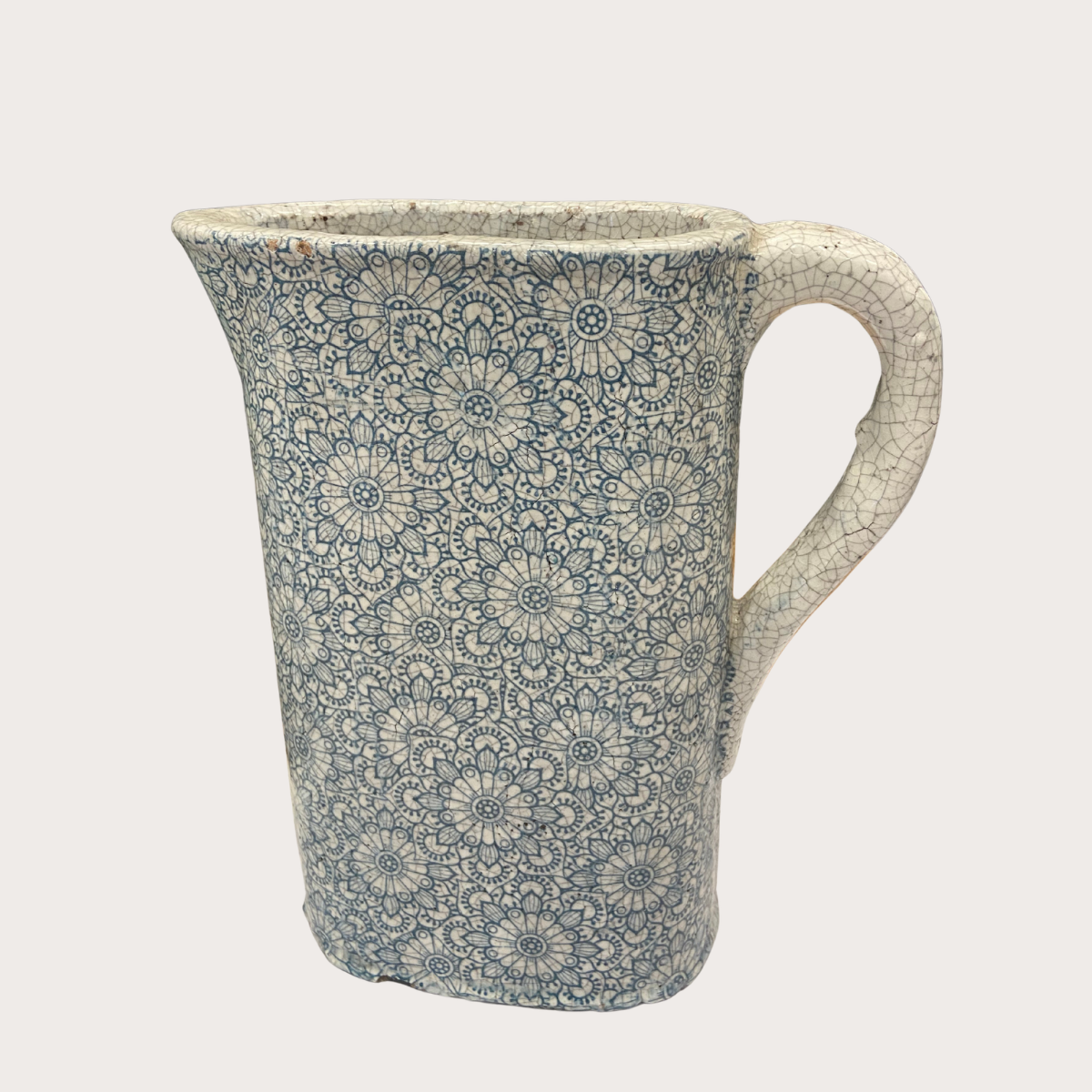 Blue and white oval jug – large crackle-finished terracotta jug in a blue and white geometric pattern