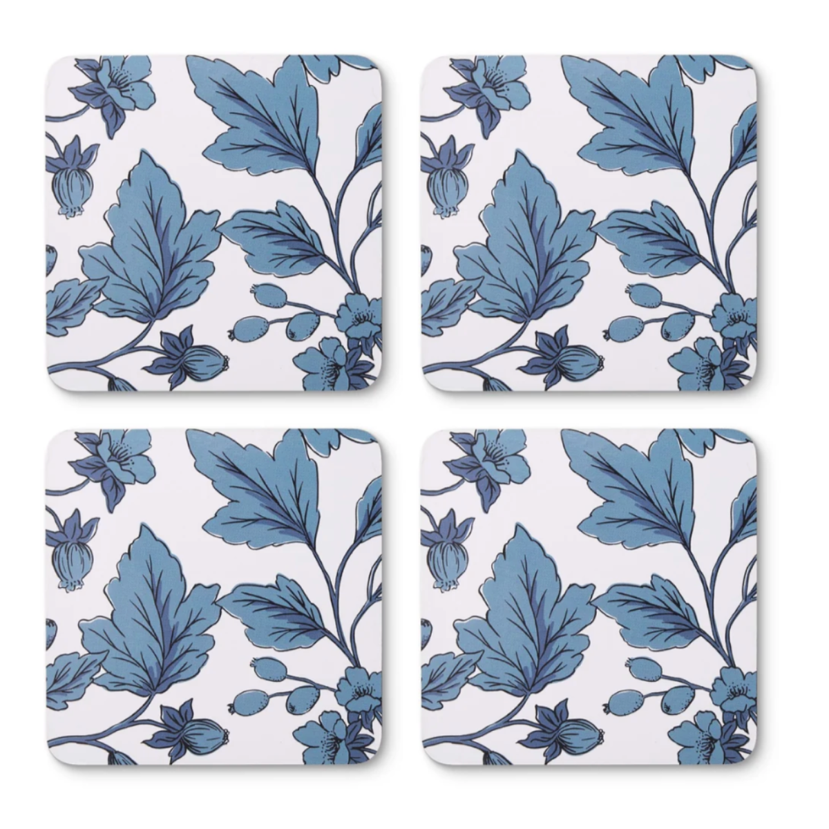 Morgan Blue square hard coasters, set of four, in a tonal blue and navy botanical print on white