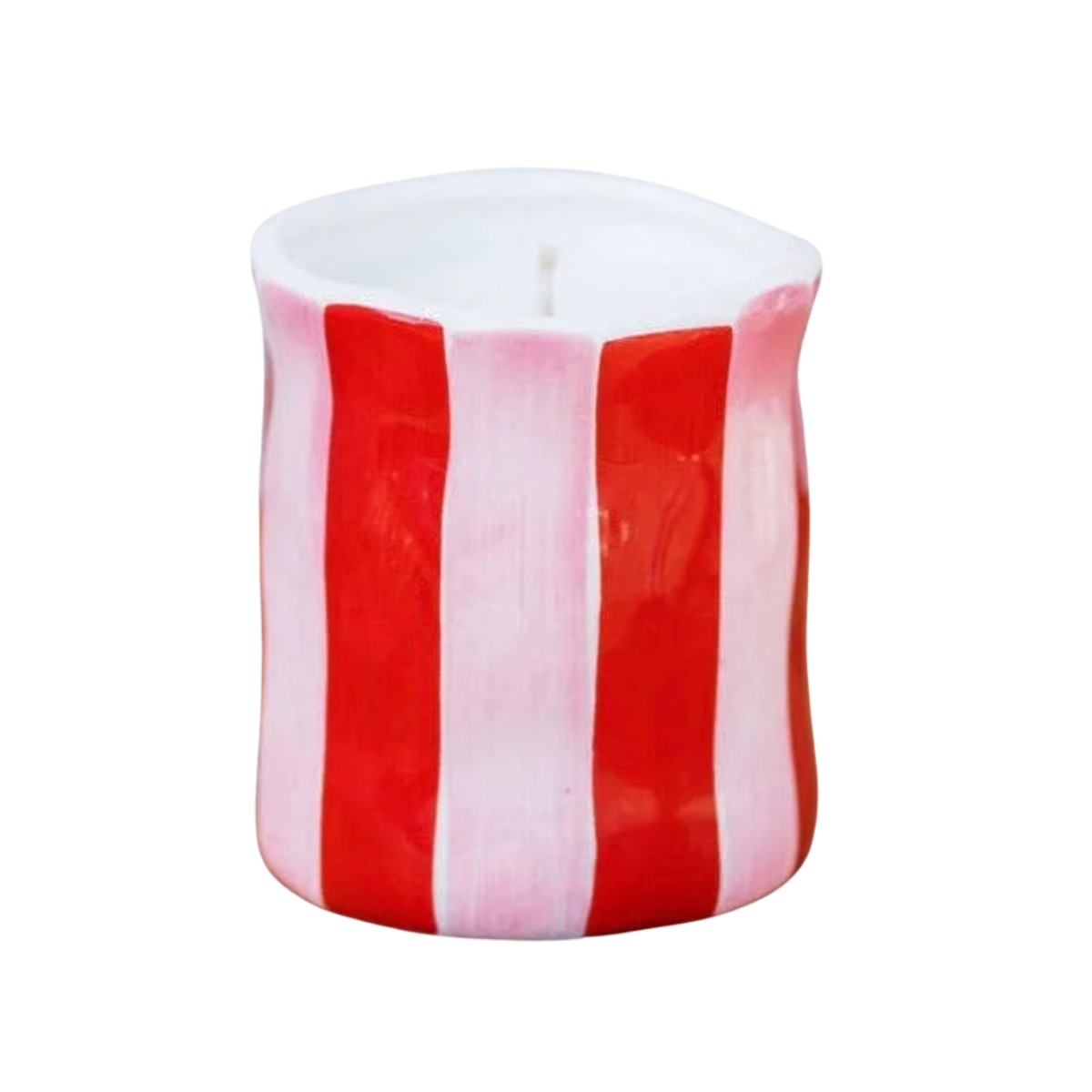Noss & Co large soy candle in a hand-painted red and white stripe ceramic jar