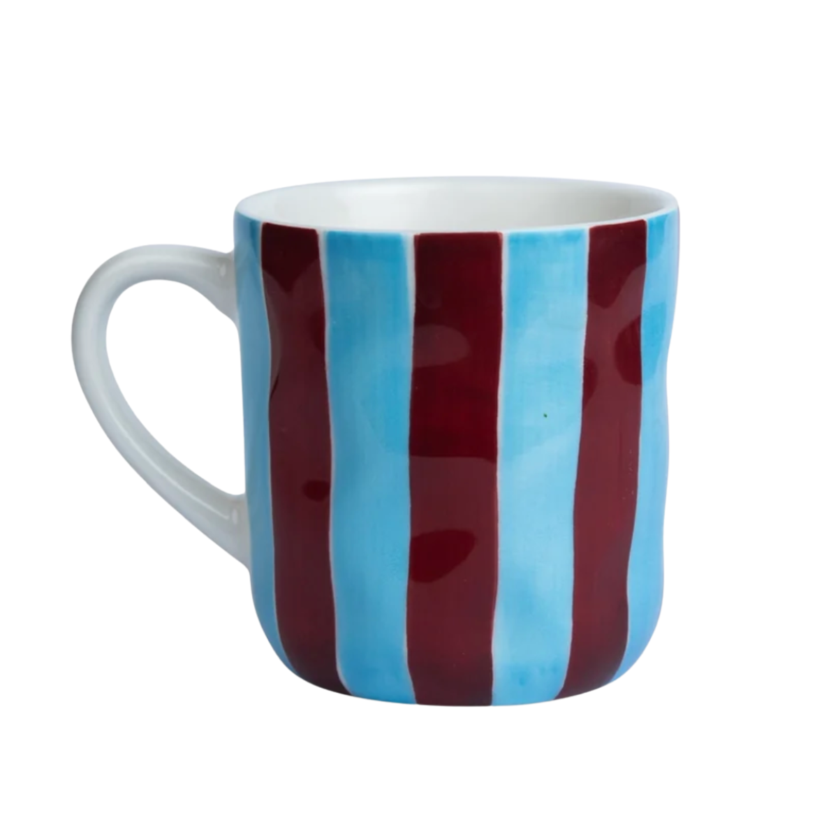 Noss & Co ceramic mug in cornflower blue and burgundy stripe
