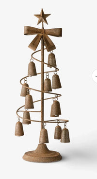 Thumbnail for Old Forge Christmas bell tree in rust-finish metal, a spiral tree hung with bells and topped with a bow