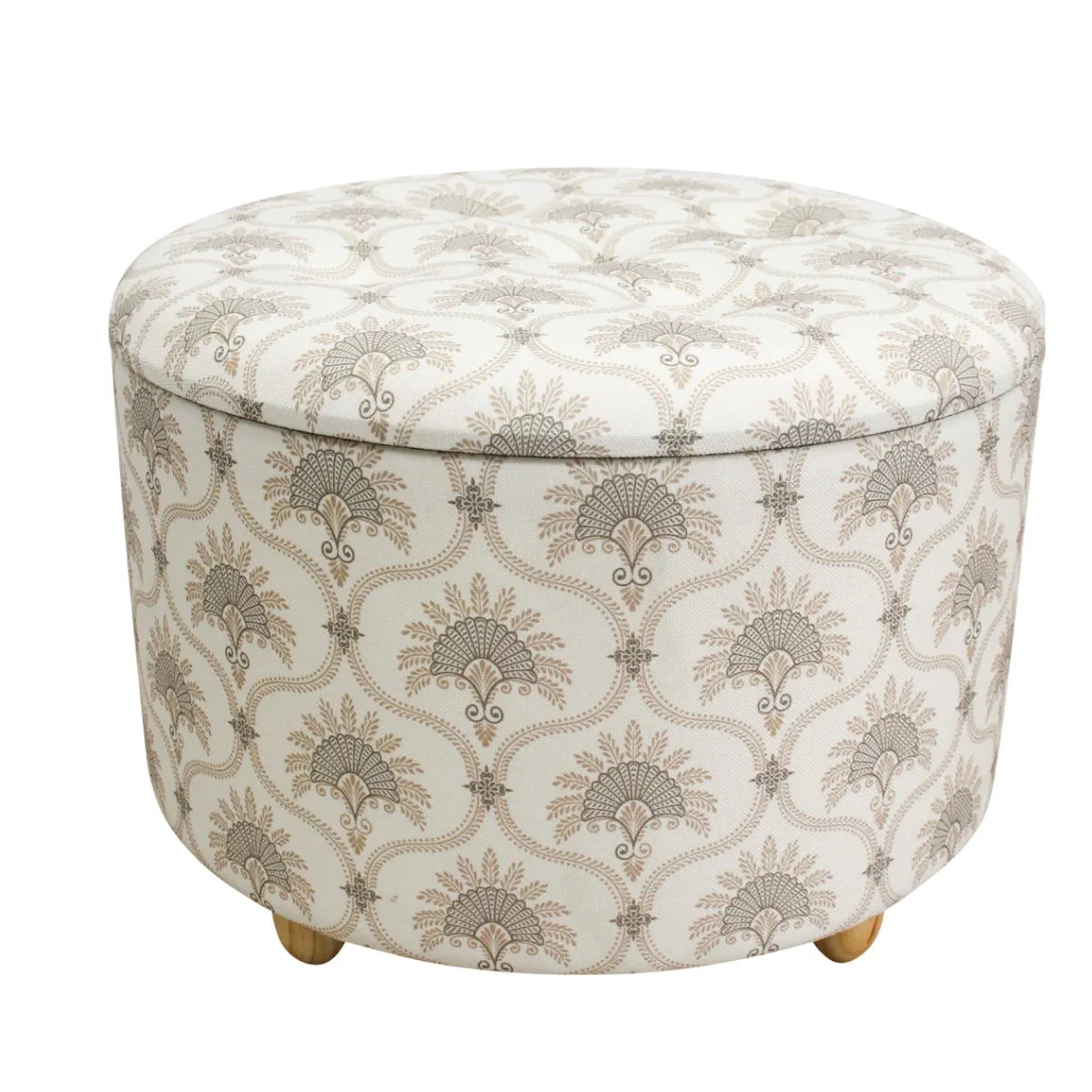 Bermuda storage ottoman in cream and beige linen with a wood base