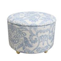 Thumbnail for Valencia storage ottoman in blue and white linen with a wood base