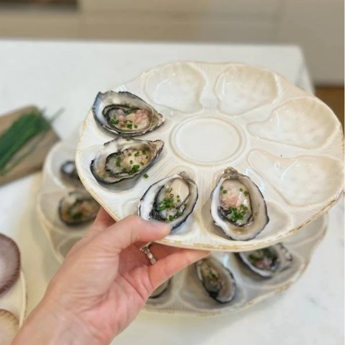 Ceramic oyster stand in antique white, alternate view