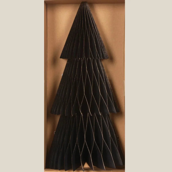 Slim black paper Christmas tree with three folded tiers, tall 33cm