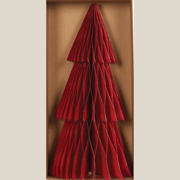 Slim red paper Christmas tree with three folded tiers, tall 33cm