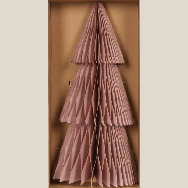 Slim rose paper Christmas tree with three folded tiers, tall 33cm