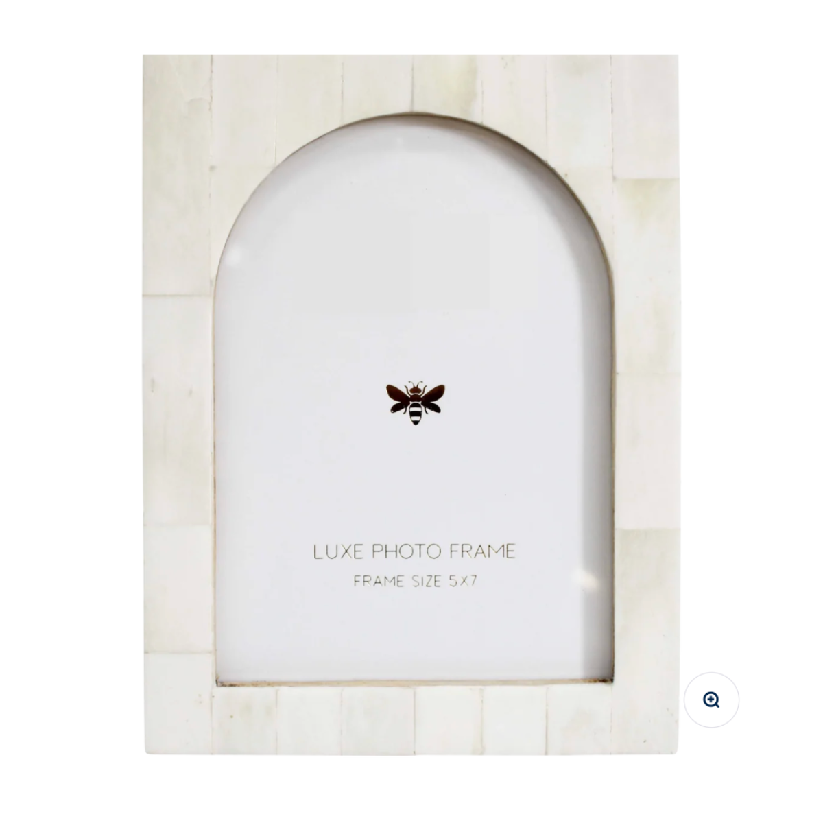 Arch-shaped photo frame with pale natural bone inlay, sized for a 5x7 photograph