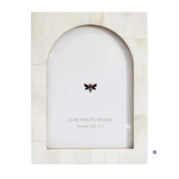 Arch-shaped photo frame with pale natural bone inlay, sized for a 5x7 photograph
