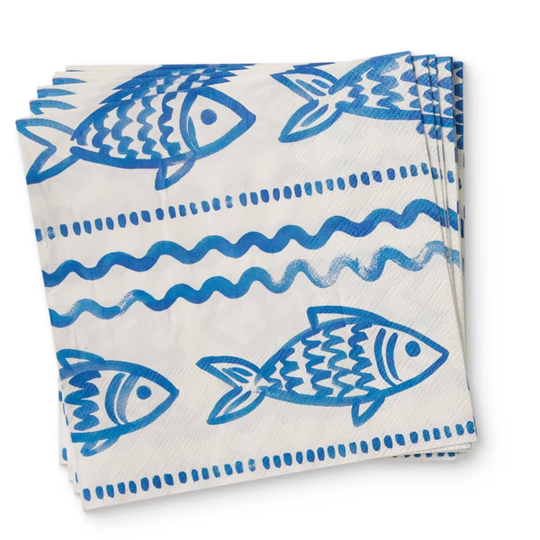 Positano Blue paper napkins, pack of 20, in a blue fish print on white