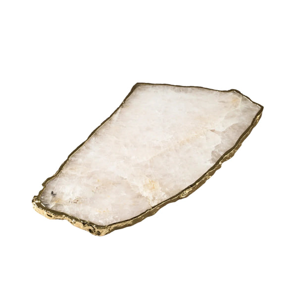 White quartz serving board shown from a second angle, showing the natural stone markings and metallic edge