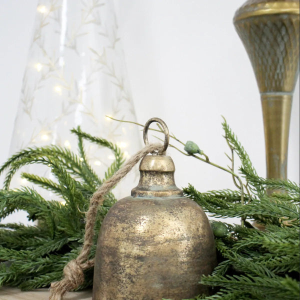 Rustic hanging bell, alternate view showing the clapper and rope detail