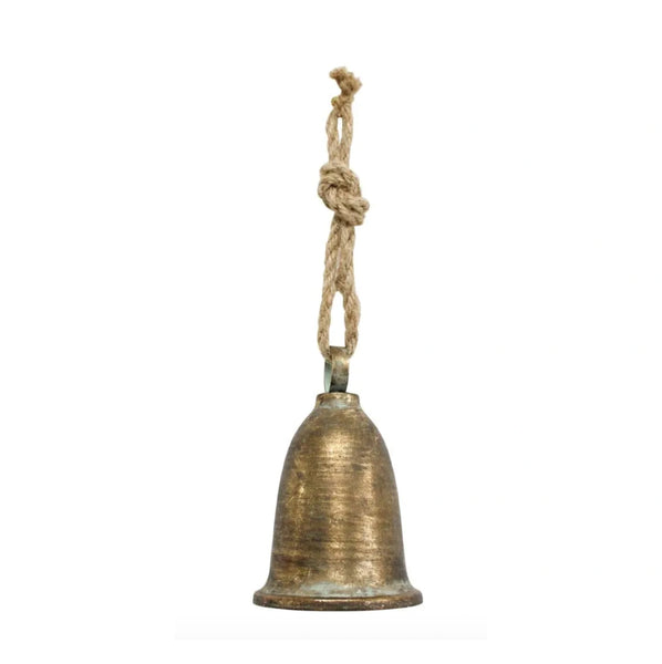 Rustic hanging bell in antique gold with a rope hanger