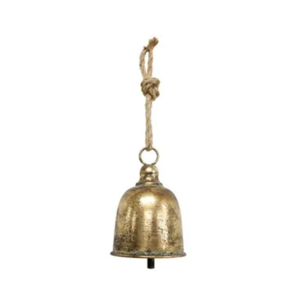 Rustic hanging bell in aged metal with a rope hanger