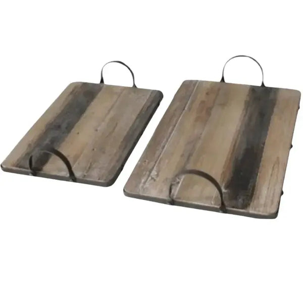 Rustic wood serving tray with metal handles