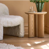 Thumbnail for Carlyle brown marble side table shown from a second angle, showing the veined marble top and oak-toned base