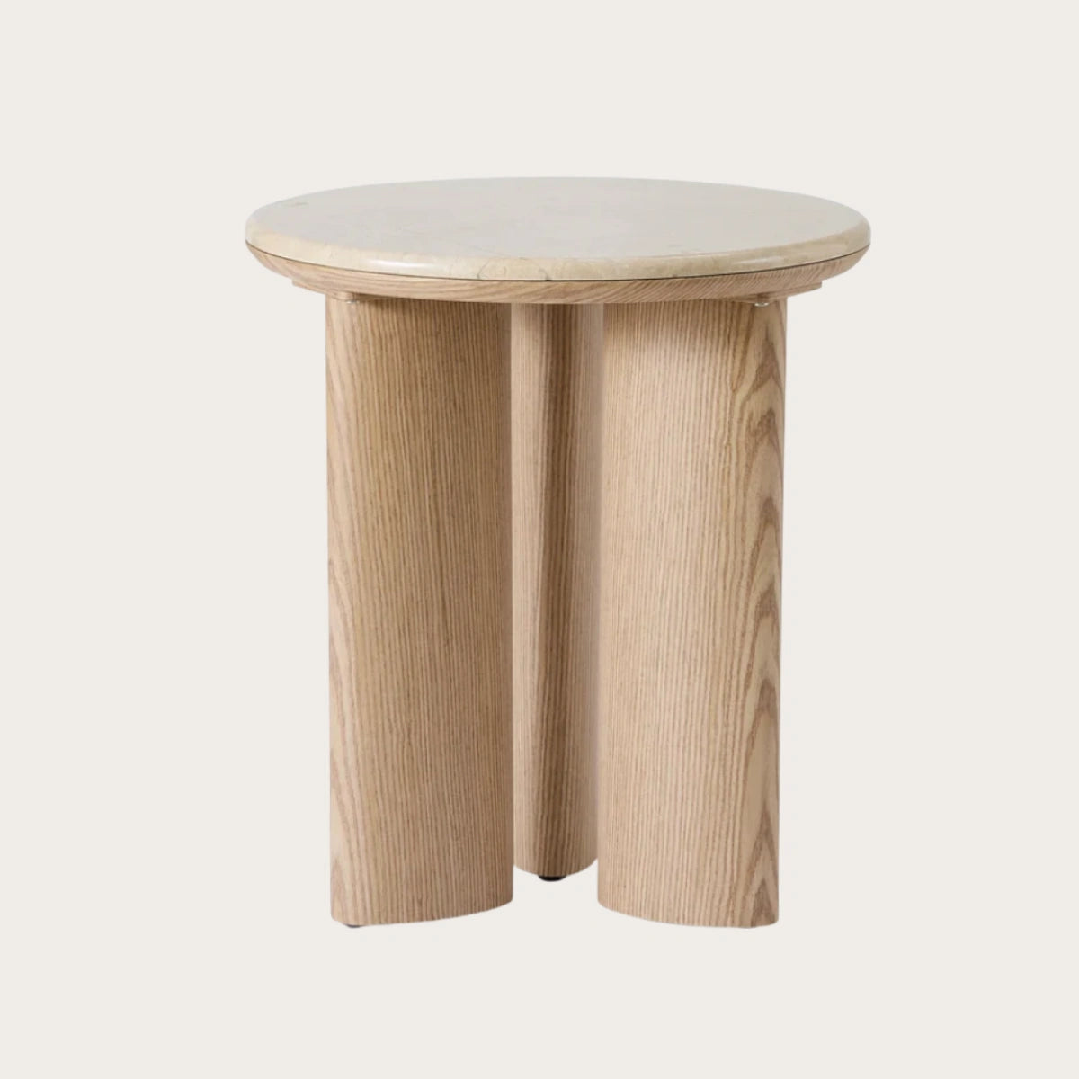 Carlyle round side table with a brown marble top and oak-toned pedestal base