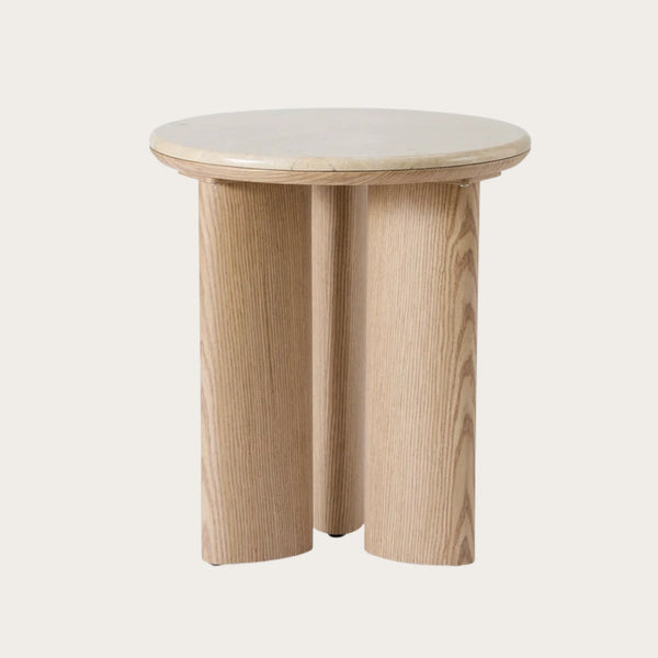 Carlyle round side table with a brown marble top and oak-toned pedestal base