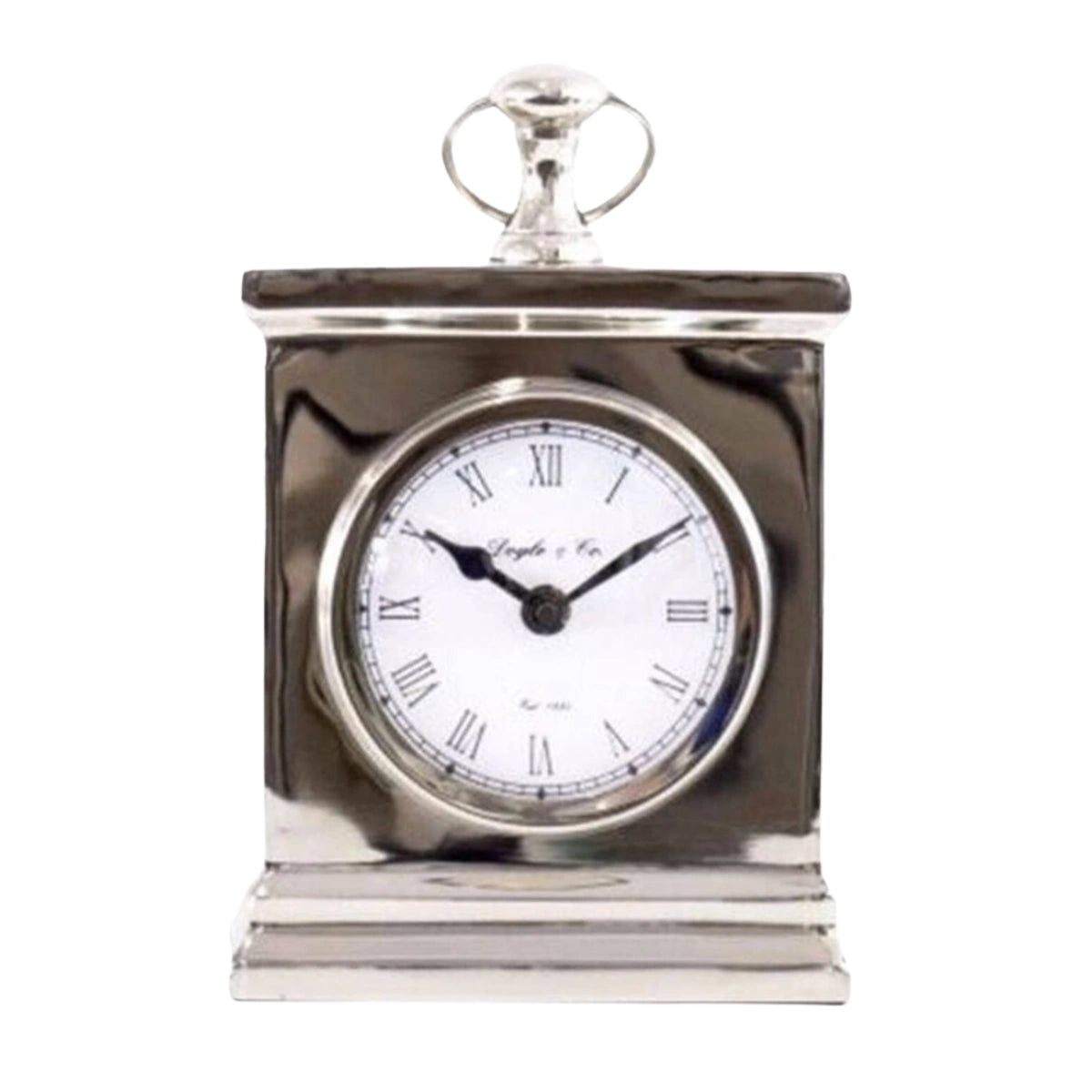 Silver mantel clock with Roman numeral face and a decorative fob on top