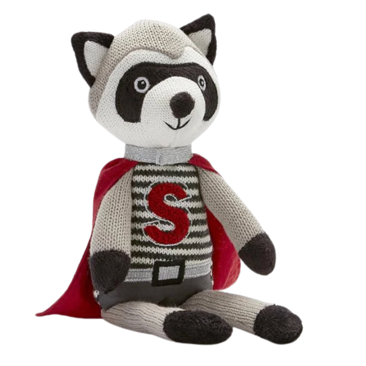 Super Rocky the raccoon soft toy by Nana Huchy in a red superhero cape, 36cm
