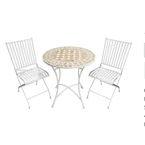 Sand mosaic outdoor table with two Amalfi chairs, three piece setting