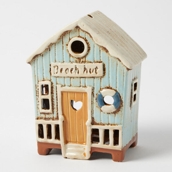 Beach Hut tealight holder, soft blue striped stoneware beach hut
