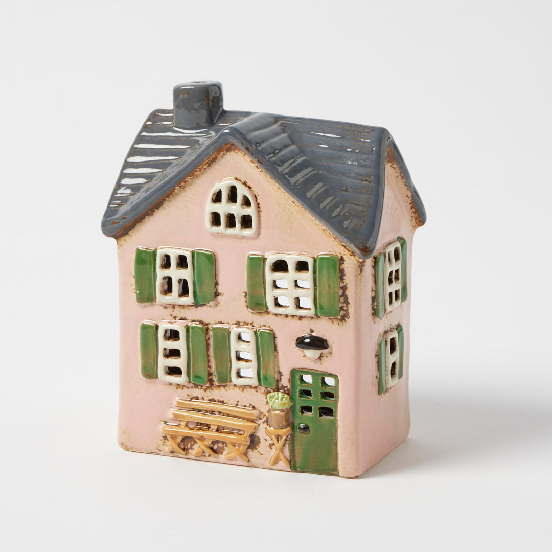 Bibury House tealight holder, blush stoneware English cottage with garden bench