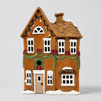 Thumbnail for Gingerbread Grove tealight holder, hand-painted stoneware gingerbread house with tiled roof