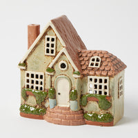 Thumbnail for Hearthstone tealight holder, sage green stoneware cottage with arched door and garden