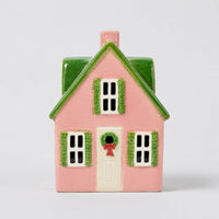 Thumbnail for Noelbury House tealight holder, blush pink stoneware Christmas house with green roof