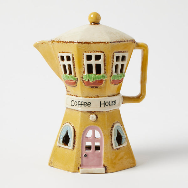 Village Coffee House tealight holder, golden yellow stovetop coffee pot cafe in hand-painted stoneware
