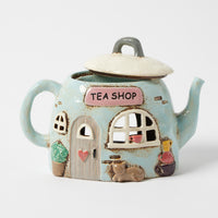 Thumbnail for Village Tea Shop tealight holder and oil burner, teapot-shaped stoneware tea shop in soft blue