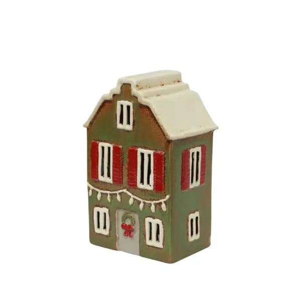 Tea Light Christmas House – Green with Red Shutters