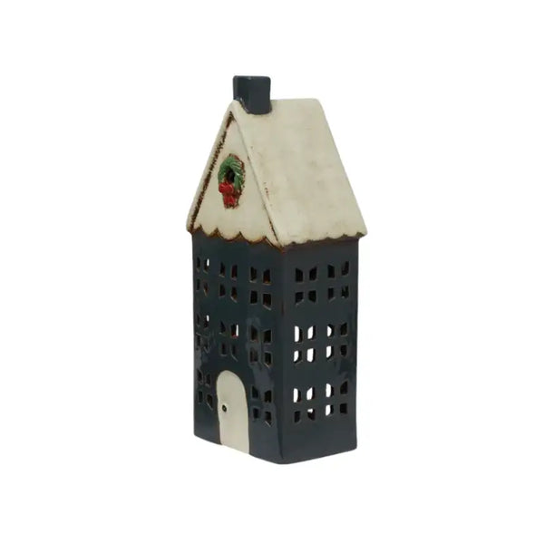 Tea Light House – Blue with Wreath Large