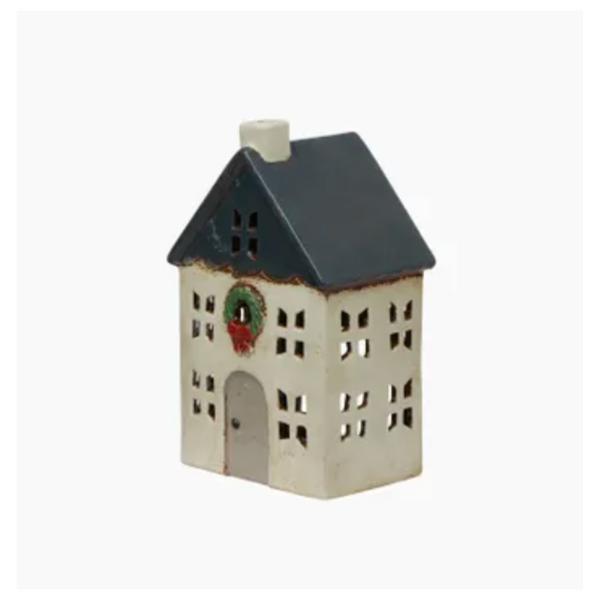 Tea Light House – Blue with Wreath Small