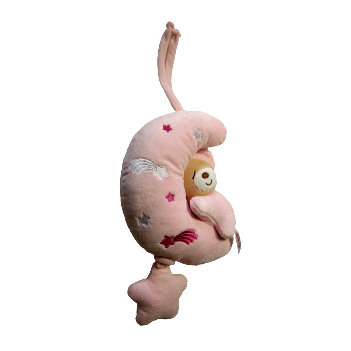 Pink plush teddy bear sitting in a crescent moon musical baby toy