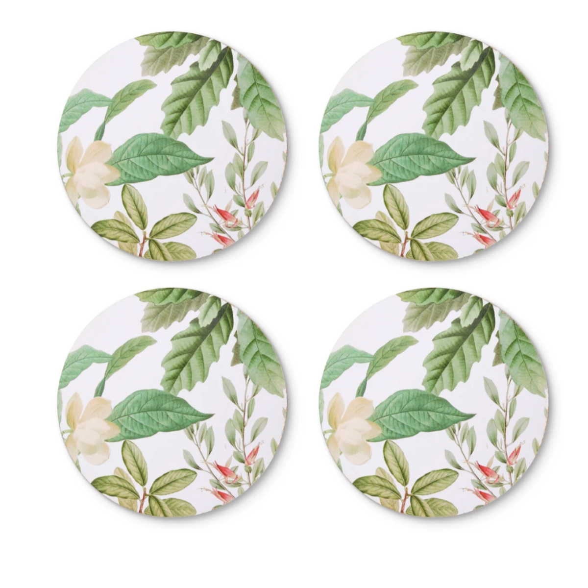 Thornton round hard coasters, set of four, each showing a different section of a green leaf and cream magnolia botanical print on white