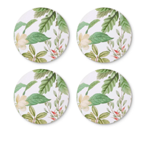 Thumbnail for Thornton round hard coasters, set of four, each showing a different section of a green leaf and cream magnolia botanical print on white